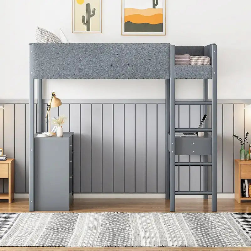 Cama alta tapizada de madera y felpa de borreguillo, tamaño twin