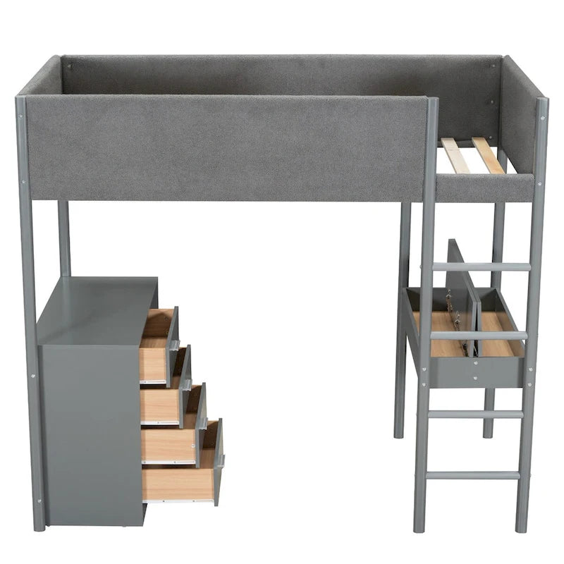 Cama alta tapizada de madera y felpa de borreguillo, tamaño twin