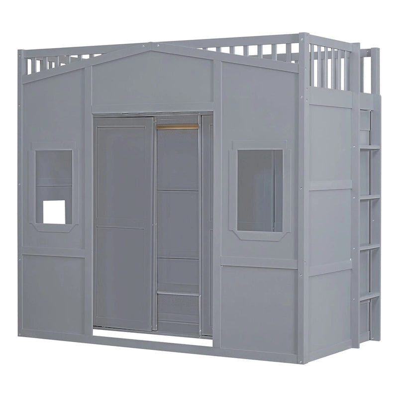 Cama alta tipo casita tamaño twin con escalera y armario
