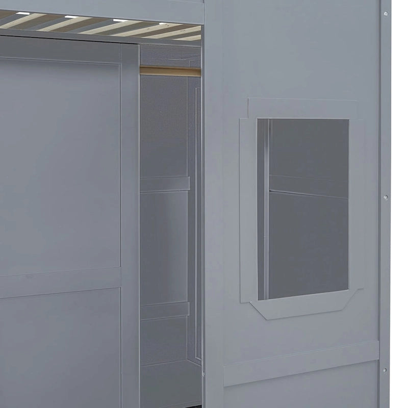 Cama alta tipo casita tamaño twin con escalera y armario