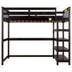Espresso Solid Wood Loft Bed with Integrated Desk, Storage Shelves, Stable Guardrails