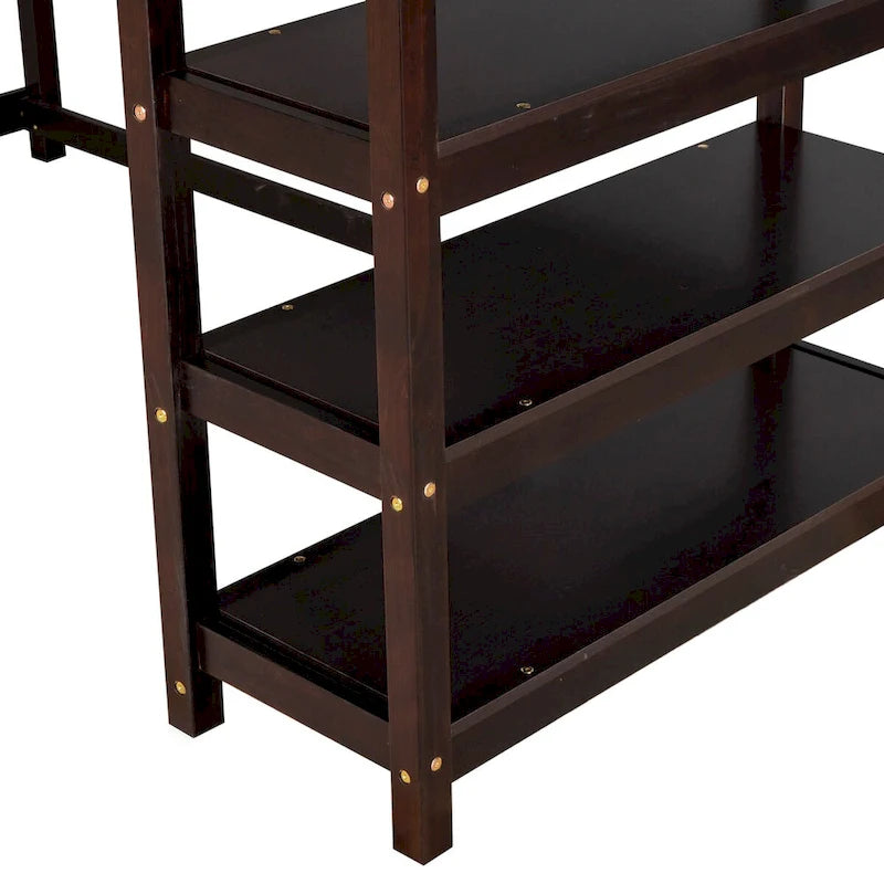 Cama alta Espresso de madera maciza con escritorio integrado, estantes de almacenamiento y barandillas estables