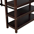 Cama alta Espresso de madera maciza con escritorio integrado, estantes de almacenamiento y barandillas estables