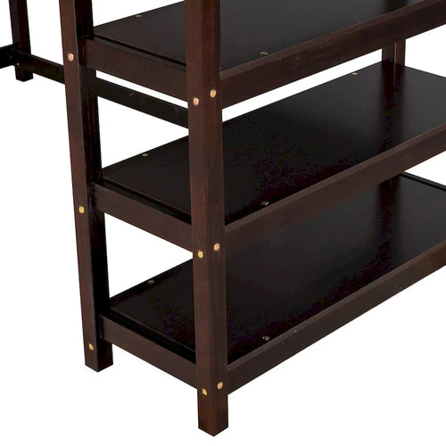 Cama alta Espresso de madera maciza con escritorio integrado, estantes de almacenamiento y barandillas estables