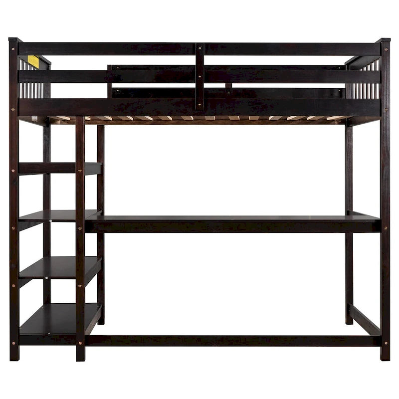 Cama alta Espresso de madera maciza con escritorio integrado, estantes de almacenamiento y barandillas estables