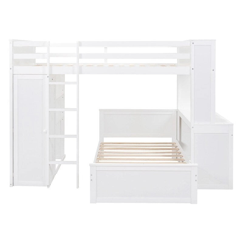 Cama alta de tamaño completo con una cama individual independiente, estantes, escritorio y armario.