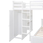 Cama alta de tamaño completo con una cama individual independiente, estantes, escritorio y armario.