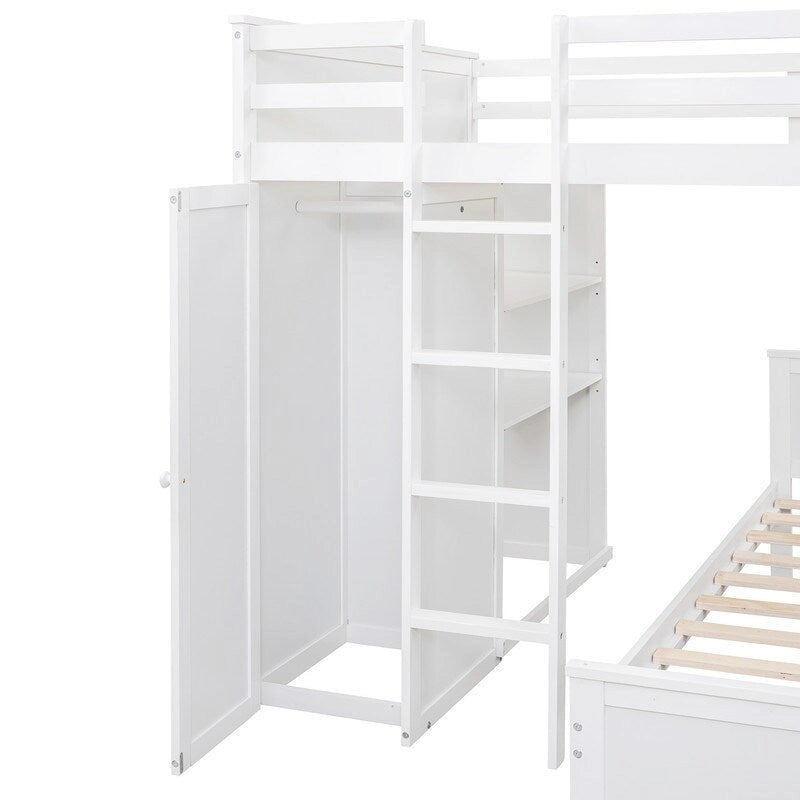 Cama alta de tamaño completo con una cama individual independiente, estantes, escritorio y armario.