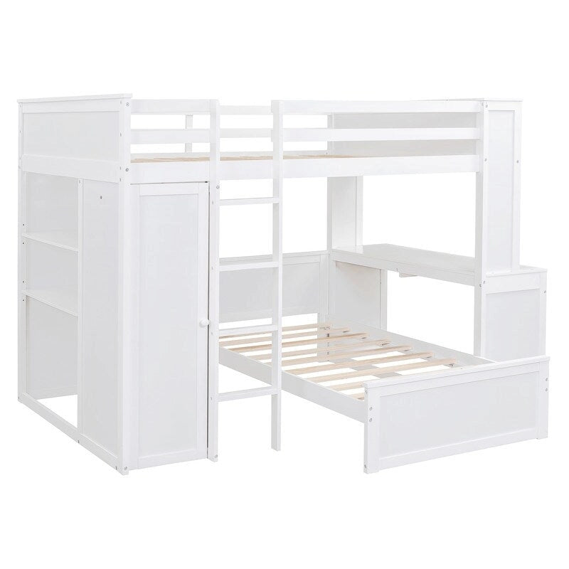 Cama alta de tamaño completo con una cama individual independiente, estantes, escritorio y armario.