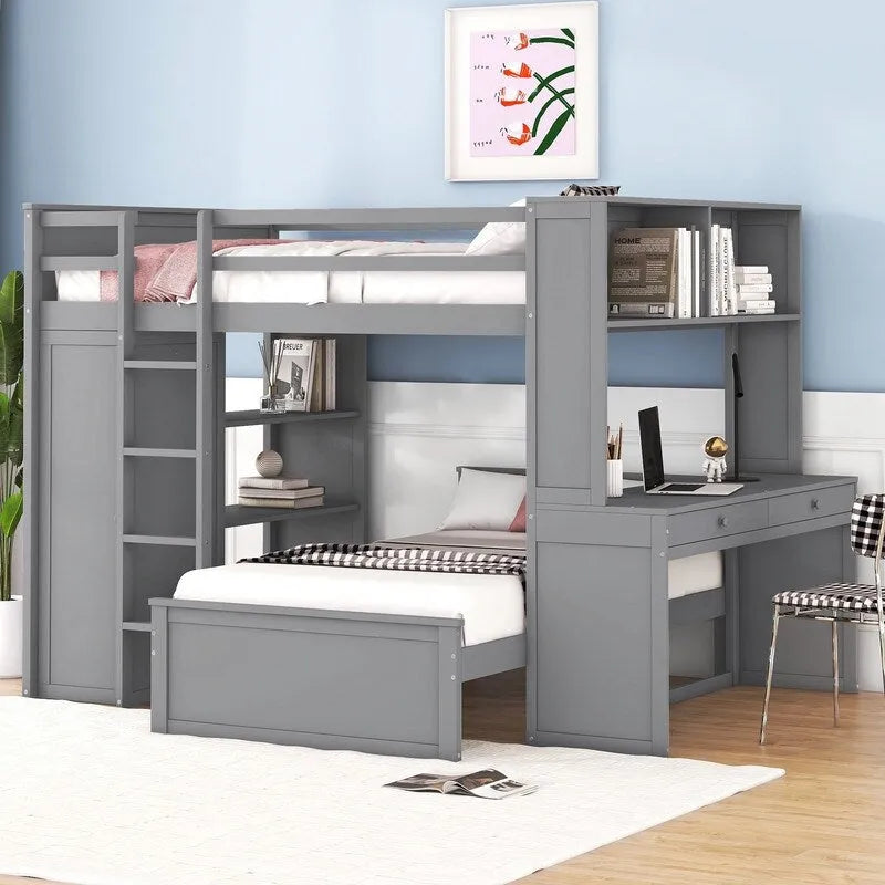 Cama alta de tamaño completo con una cama individual independiente, estantes, escritorio y armario.