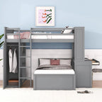 Cama alta de tamaño completo con una cama individual independiente, estantes, escritorio y armario.