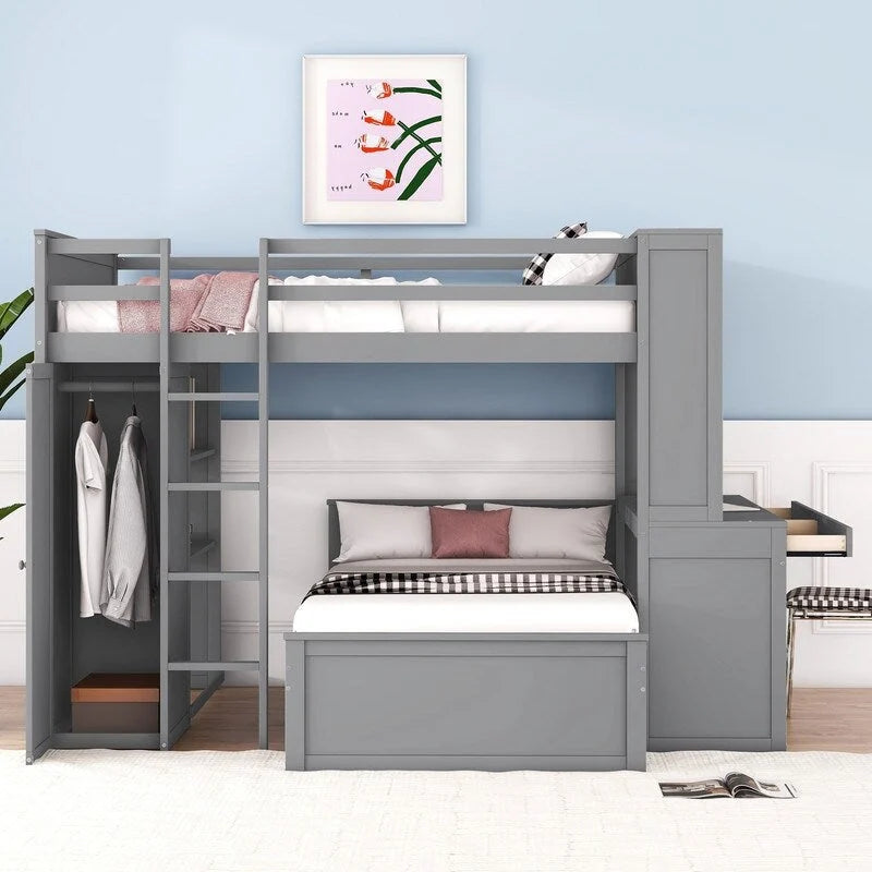 Cama alta de tamaño completo con una cama individual independiente, estantes, escritorio y armario.