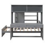 Cama alta de tamaño completo con una cama individual independiente, estantes, escritorio y armario.