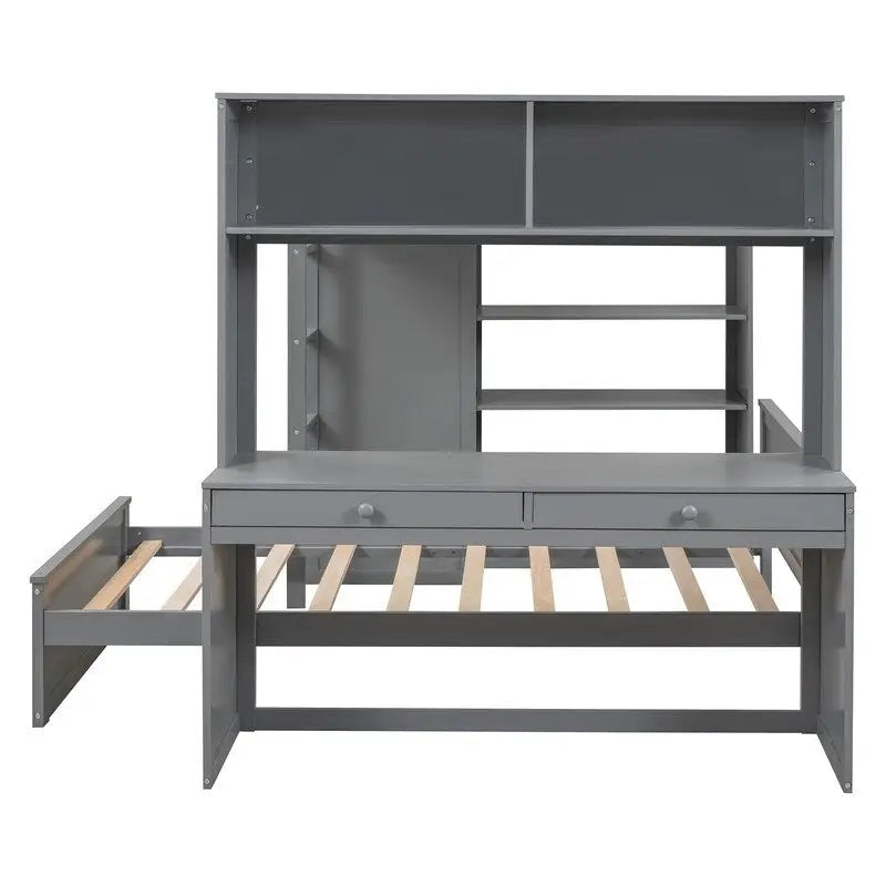 Cama alta de tamaño completo con una cama individual independiente, estantes, escritorio y armario.