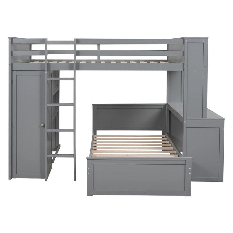 Cama alta de tamaño completo con una cama individual independiente, estantes, escritorio y armario.