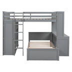 Cama alta de tamaño completo con una cama individual independiente, estantes, escritorio y armario.