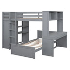 Cama alta de tamaño completo con una cama individual independiente, estantes, escritorio y armario.