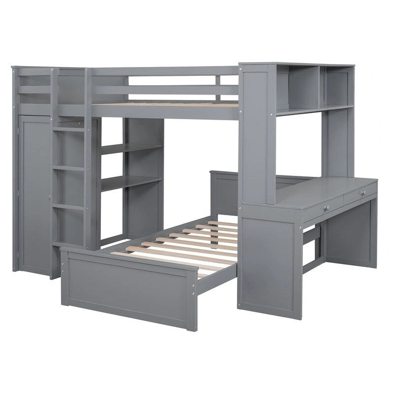 Cama alta de tamaño completo con una cama individual independiente, estantes, escritorio y armario.