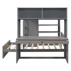 Cama alta de tamaño completo con una cama individual independiente, estantes, escritorio y armario.