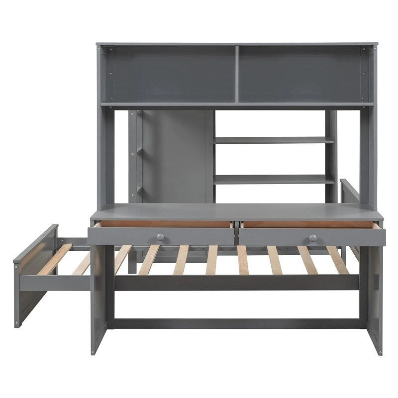 Cama alta de tamaño completo con una cama individual independiente, estantes, escritorio y armario.