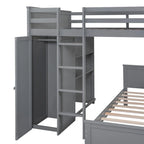 Cama alta de tamaño completo con una cama individual independiente, estantes, escritorio y armario.