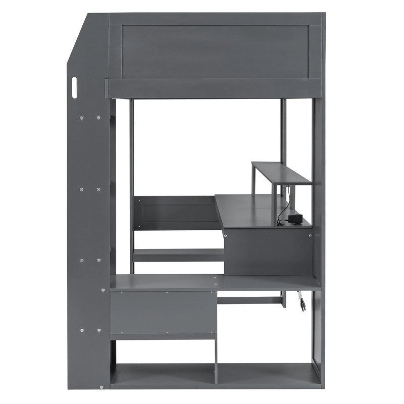 Cama alta de juego de madera, tamaño doble, con escritorio, estantes de almacenamiento múltiple, luces LED y estación de carga, gris oscuro