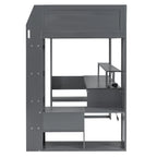 Cama alta de juego de madera, tamaño doble, con escritorio, estantes de almacenamiento múltiple, luces LED y estación de carga, gris oscuro
