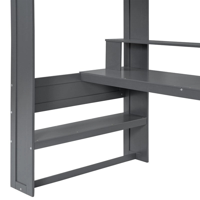Cama alta de juego de madera, tamaño doble, con escritorio, estantes de almacenamiento múltiple, luces LED y estación de carga, gris oscuro
