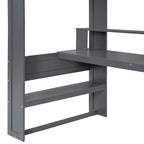 Cama alta de juego de madera, tamaño doble, con escritorio, estantes de almacenamiento múltiple, luces LED y estación de carga, gris oscuro