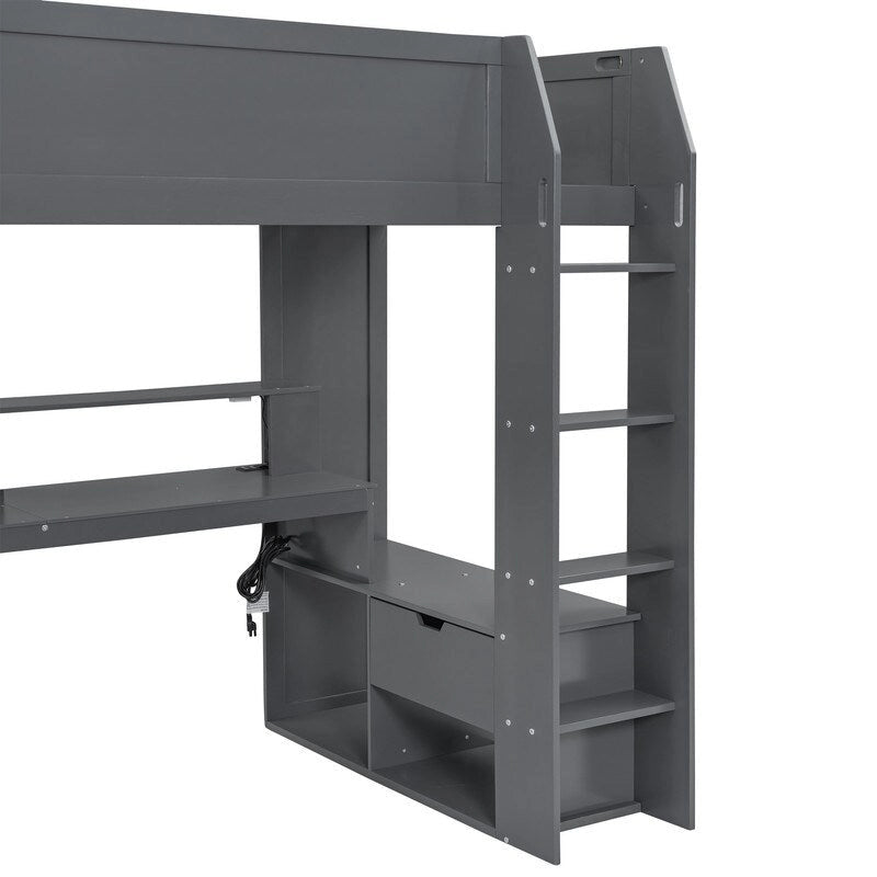 Cama alta de juego de madera, tamaño doble, con escritorio, estantes de almacenamiento múltiple, luces LED y estación de carga, gris oscuro