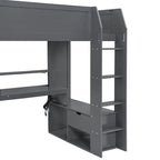 Cama alta de juego de madera, tamaño doble, con escritorio, estantes de almacenamiento múltiple, luces LED y estación de carga, gris oscuro