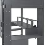 Cama alta de juego de madera, tamaño doble, con escritorio, estantes de almacenamiento múltiple, luces LED y estación de carga, gris oscuro
