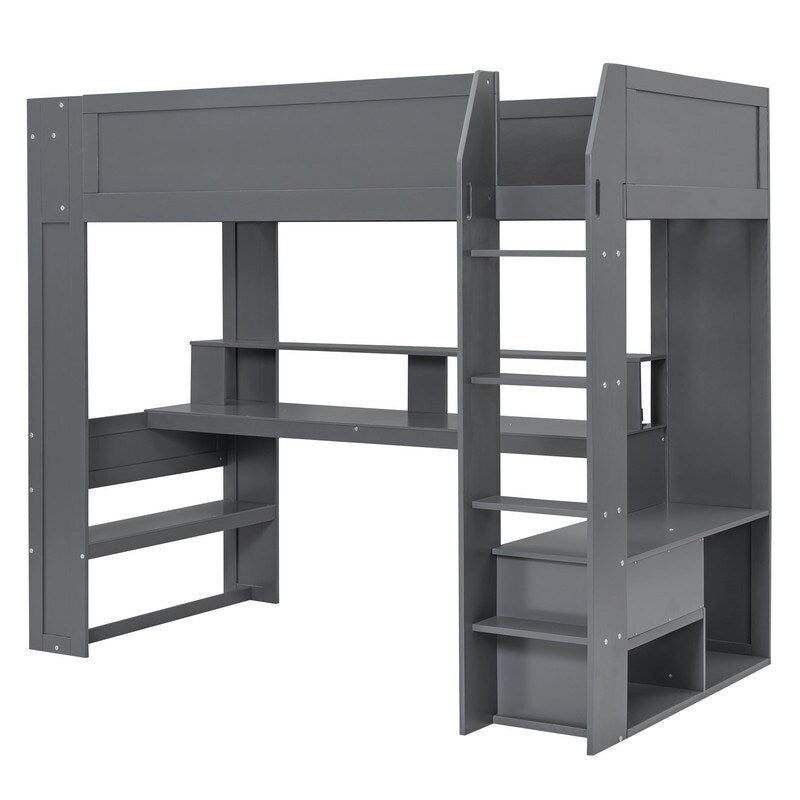 Cama alta de juego de madera, tamaño doble, con escritorio, estantes de almacenamiento múltiple, luces LED y estación de carga, gris oscuro