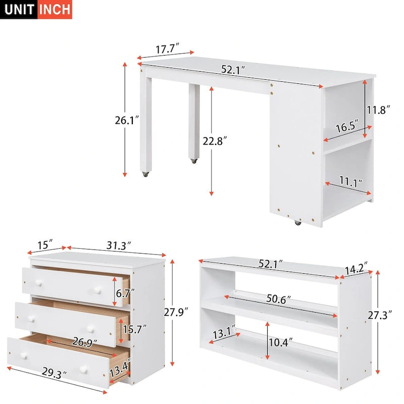 Cama Alta Multifuncional de Madera de Pino Blanco con Escritorio Movible, Estantería Modular, Cómoda