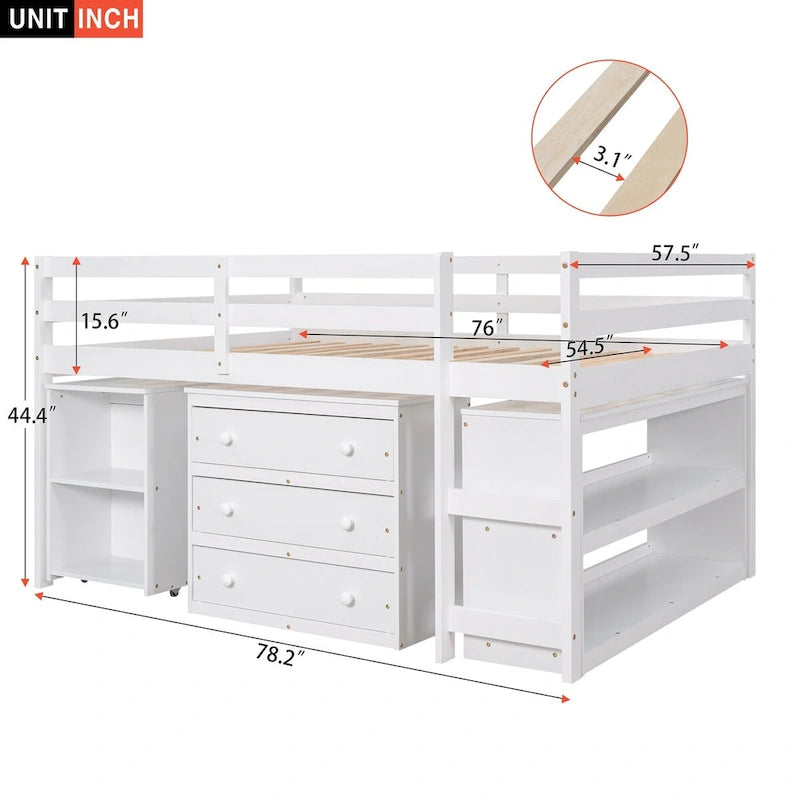 Cama Alta Multifuncional de Madera de Pino Blanco con Escritorio Movible, Estantería Modular, Cómoda