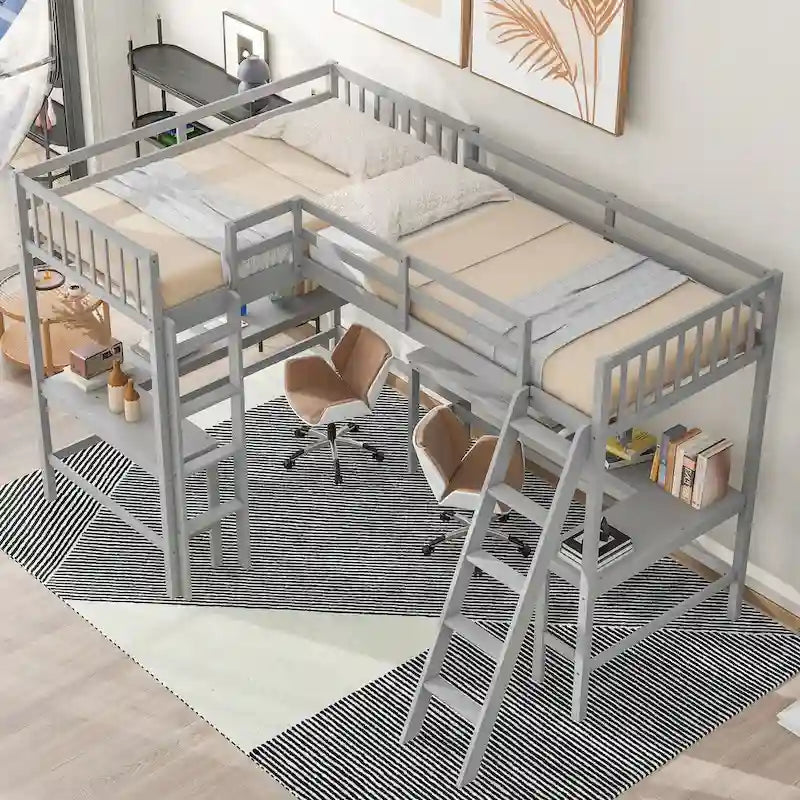 Litera tipo loft en forma de L de tamaño doble para niños, niñas, adultos y niños pequeños con escalera y 2 escritorios integrados en forma de L