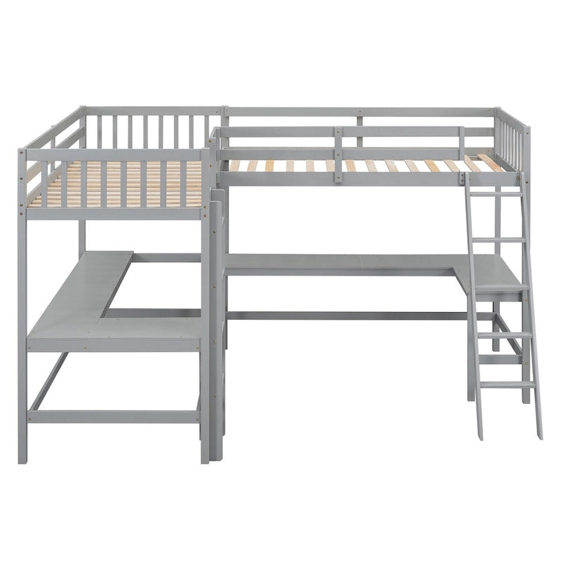 Litera tipo loft en forma de L de tamaño doble para niños, niñas, adultos y niños pequeños con escalera y 2 escritorios integrados en forma de L