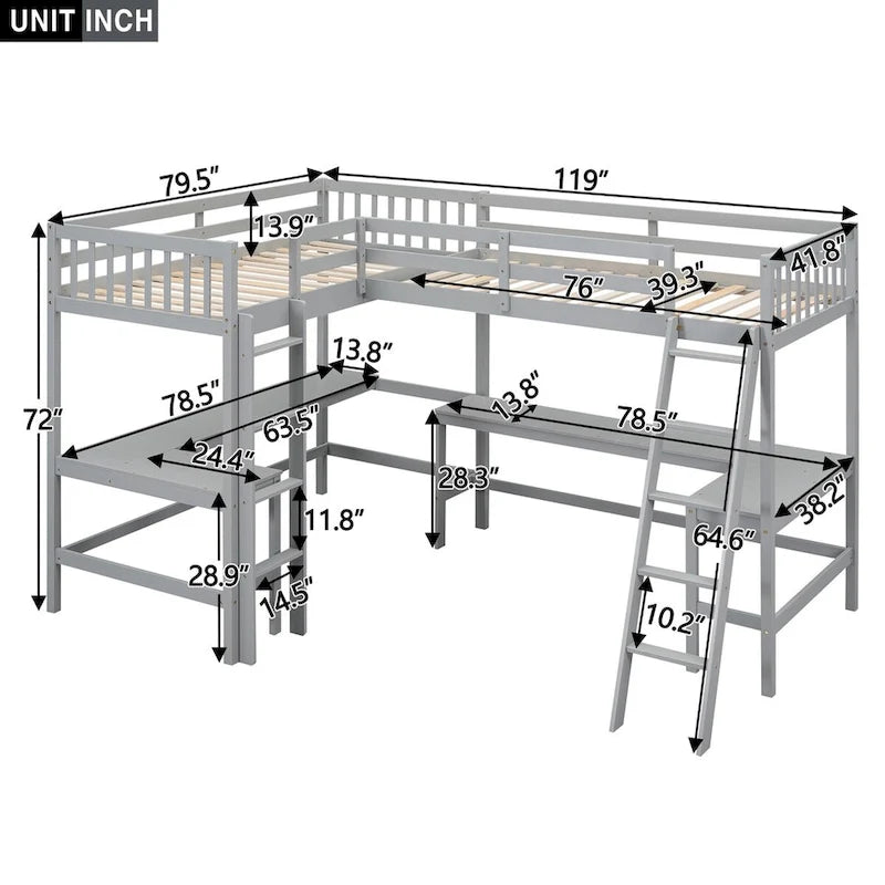 Litera tipo loft en forma de L de tamaño doble para niños, niñas, adultos y niños pequeños con escalera y 2 escritorios integrados en forma de L