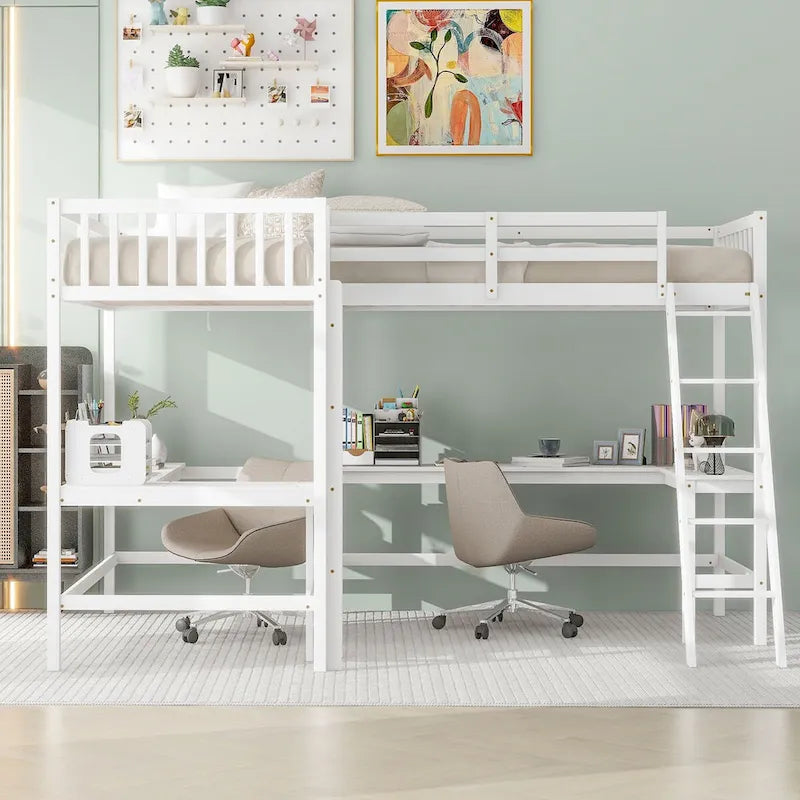 Litera tipo loft en forma de L de tamaño doble para niños, niñas, adultos y niños pequeños con escalera y 2 escritorios integrados en forma de L