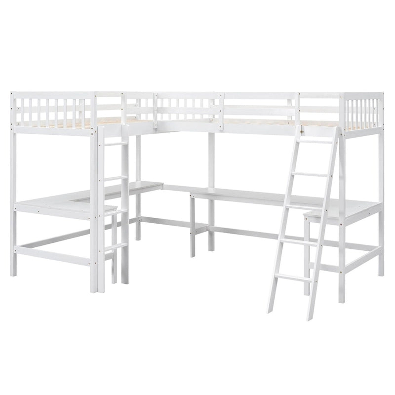 Litera tipo loft en forma de L de tamaño doble para niños, niñas, adultos y niños pequeños con escalera y 2 escritorios integrados en forma de L