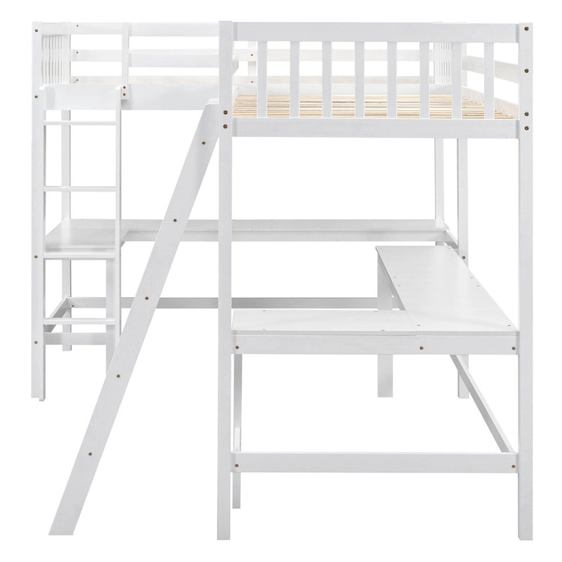 Litera tipo loft en forma de L de tamaño doble para niños, niñas, adultos y niños pequeños con escalera y 2 escritorios integrados en forma de L