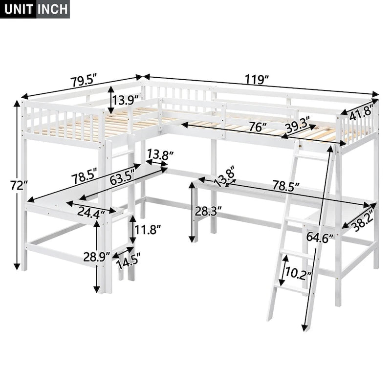 Litera tipo loft en forma de L de tamaño doble para niños, niñas, adultos y niños pequeños con escalera y 2 escritorios integrados en forma de L