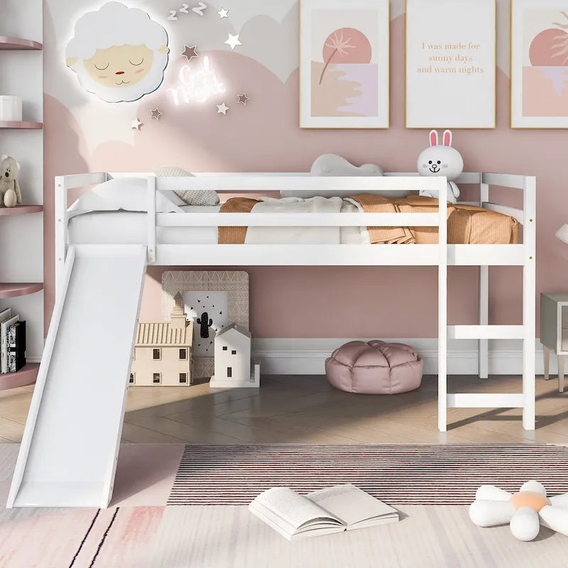 Cama alta individual de madera maciza con divertido tobogán
