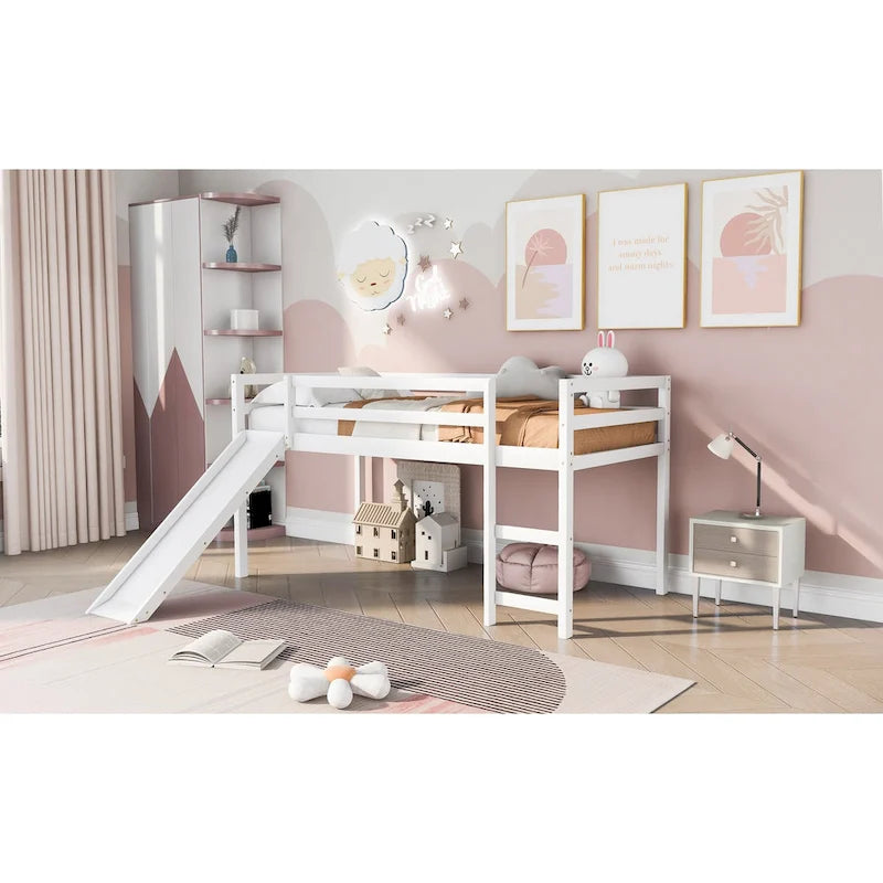 Cama alta individual de madera maciza con divertido tobogán