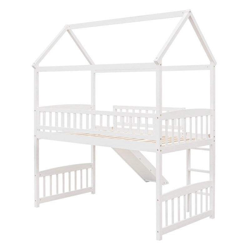 Cama alta de madera con tobogán, cama nido individual