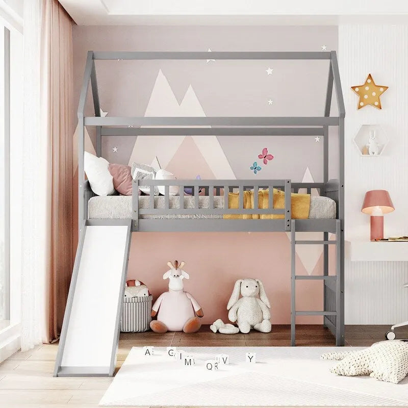 Cama alta de madera con tobogán, cama nido individual