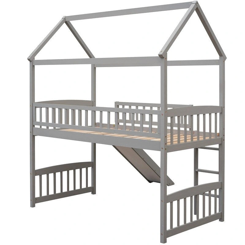 Cama alta de madera con tobogán, cama nido individual