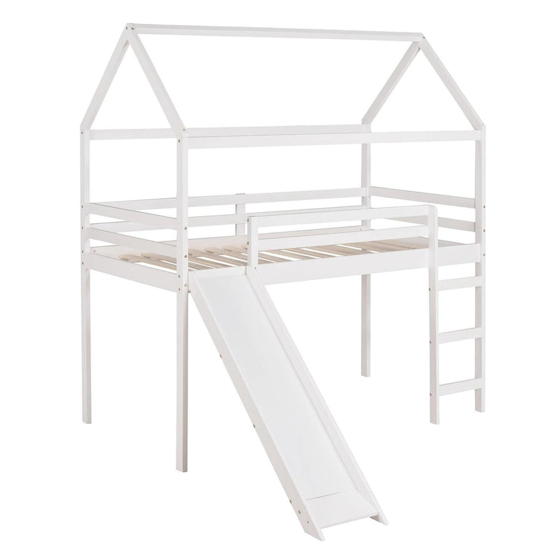 Cama alta individual con tobogán, cama con tobogán con forma de casa