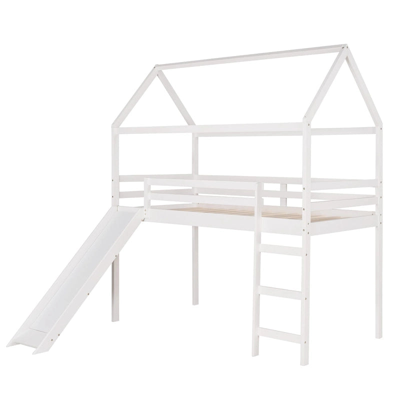 Cama alta individual con tobogán, cama con tobogán con forma de casa