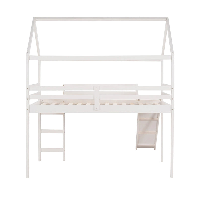 Cama alta individual con tobogán, cama con tobogán con forma de casa